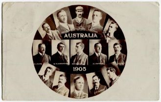 ‘Australian 1905’. Scarce sepia real photograph postcard of the Australian team of 1905, showing