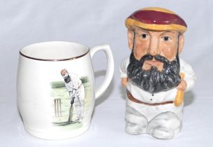 W.G. Grace. Sandland ceramic tankard with transfer printed colour image of Grace in batting pose and