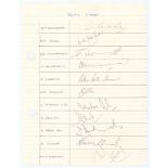 India. World Cup 1975. Ruled page signed in ink by eleven members of the India team. Signatures