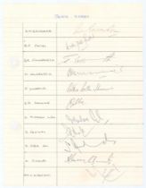 India. World Cup 1975. Ruled page signed in ink by eleven members of the India team. Signatures