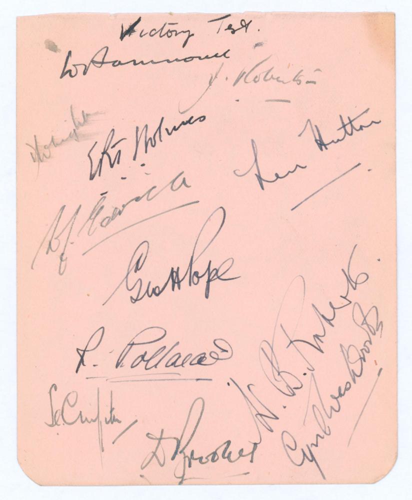 ‘England XI 1945’. Album page, signed in ink to one side by the twelve members of the 1945 England - Image 2 of 2
