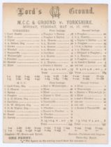 ‘M.C.C. & Ground v. Yorkshire’ 1892. Early original scorecard with complete printed scores for the