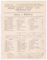 ‘Surrey v. Middlesex’ 1888. Early original double sided scorecard with complete printed scores for