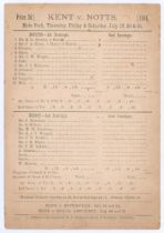 ‘Kent v. Notts.’ 1894. Early original double sided scorecard with incomplete printed and faint