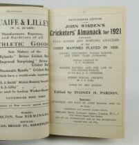 Wisden Cricketers’ Almanack 1921 and 1925. 58th & 62nd editions. Both bound in green and navy blue