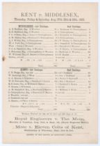 ‘Kent v. Middlesex’ 1885. Early large original double sided scorecard with complete printed scores