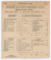 ‘Surrey v. Gloucestershire’ 1883. Early original single sided scorecard with complete printed and