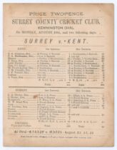 ‘Surrey v. Kent’ 1878. Early original double sided scorecard with full printed scores for the