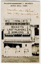 Warwickshire v Sussex 1925. Original real photograph postcard showing the scoreboard after the match