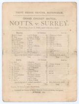 ‘Grand Cricket Match, Notts. v. Surrey’ 1880. Early official double sided scorecard for the match