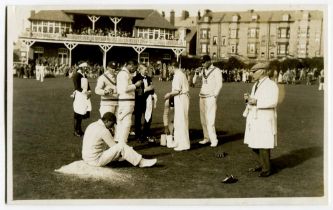 Gentlemen v Players, Scarborough 1931. Sepia real photograph postcard of the tea interval in the