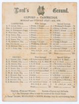 ‘Oxford v. Cambridge’ 1878. Early original scorecard with complete printed scores for the Varsity