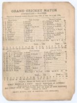 ‘Grand Cricket Match. Australians v. Players’ 1884. Early original single sided scorecard with