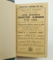 Wisden Cricketers’ Almanack 1926. 63rd edition. Bound in dark green boards, with original paper