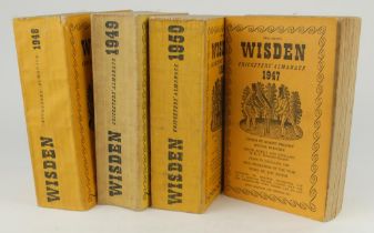 Wisden Cricketers’ Almanack 1947 to 1950. Original limp cloth covers. Minor bowing to the spines