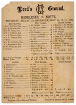 ‘Middlesex v. Notts.’ 1885. Early original double sided scorecard for the match played at Lord’s,