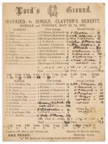 ‘Married v. Single. Clayton’s Benefit’ 1892. Original double sided scorecard for the match played at