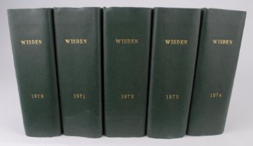 Wisden Cricketers’ Almanack 1970 to 1979. Ten editions bound in dark green boards, with original