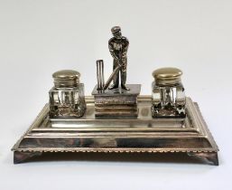 Cricket desk set. Large and impressive silver plated cricket ink stand consisting of a central