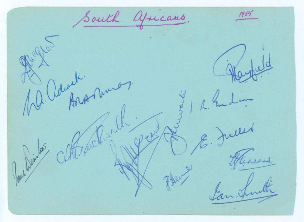 South Africa tour to England 1955. Large album page signed in ink by thirteen members of the South