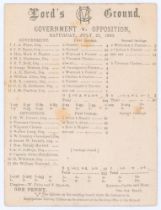 ‘Government v. Opposition’ 1893. Early original double sided scorecard with complete printed