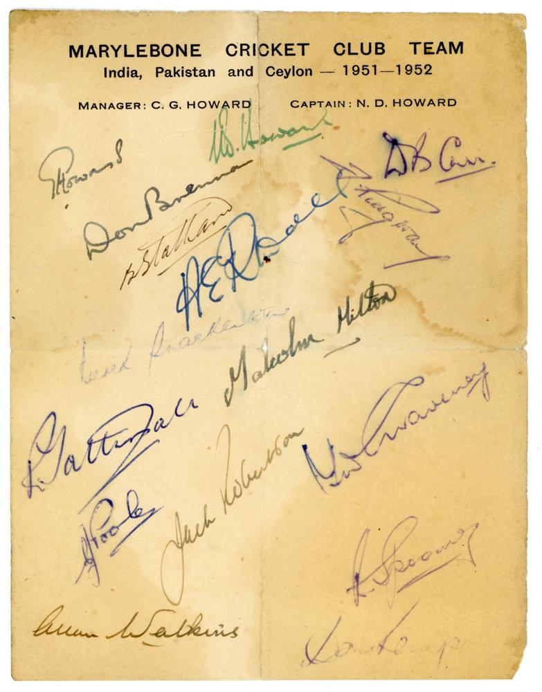 M.C.C. tour to India, Pakistan and Ceylon 1951/52. Official autograph sheet with printed title,