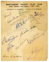 M.C.C. tour to India, Pakistan and Ceylon 1951/52. Official autograph sheet with printed title,