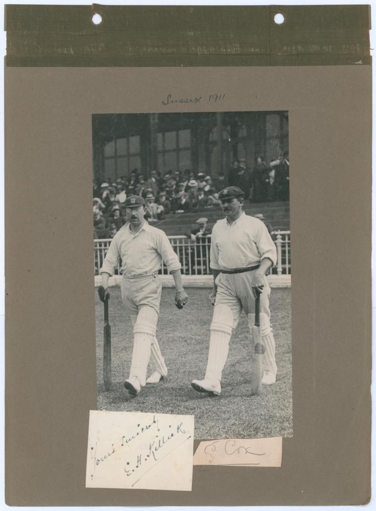 ‘Sussex 1911’. Early mono photograph of Ernest ‘Tim’ Killick and George Cox walking out to bat for