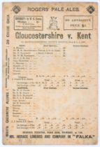 ‘Gloucestershire v. Kent’ 1892. Early original double sided scorecard with incomplete printed scores