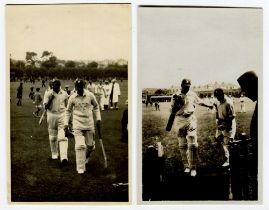 Sussex. Two candid real photograph postcards of Sussex batsman walking into together having batted