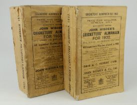 Wisden Cricketers’ Almanack 1932 and 1933. 69th & 70th editions. Original paper wrappers. Both