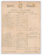 ‘Eton v. Harrow’ 1883. Early original scorecard with complete printed scores for the match played at