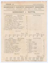 ‘Somerset v. Notts.’ 1892. Early original single sided scorecard with complete printed scores for