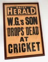 ‘W.G.’s Son Drops Dead at Cricket’. Large original newspaper poster for the Daily Herald, dated