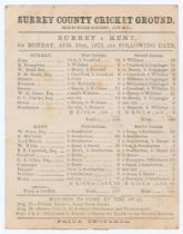 ‘Surrey v. Kent’ 1873. Early original double sided scorecard for the match played at Kennington Oval