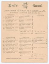 ‘Gentlemen of England v. Australians’ 1884. Early original single sided scorecard with incomplete