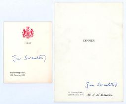 E.W. ‘Jim’ Swanton. Small official folding menu for a dinner at 10 Downing Street, 15th October