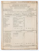 ‘Gentlemen of South v. Players of South’ 1875. Early original scorecard with incomplete printed