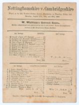 ‘Nottinghamshire v. Cambridgeshire’ 1865. Early original single sided scorecard with complete