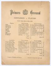 ‘Princes Ground. Gentlemen v. Players’ 1875. Early original double sided scorecard with complete