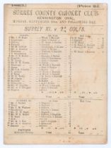 ‘Surrey XI v. 24 Colts’ 1883. Early original double sided scorecard with incomplete printed scores