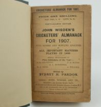 Wisden Cricketers’ Almanack 1907 and 1908. 44th & 45th editions. Bound in dark green boards, with