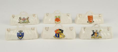 Cricket bags. Six very large crested china cricket bags with colour emblems for Bristol, Church,