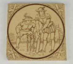 Cricket tile. Large Minton tile decorated with cricket scene to face in brown and cream. From the ‘