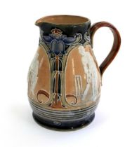 Doulton Lambeth stoneware jug, of ovoid form, moulded with relief vignettes of cricketers, a
