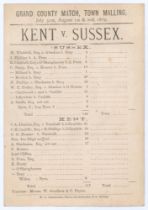 ‘Grand County Match, Town Malling, Kent v. Sussex’ 1879. Early original scorecard with printed