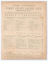 ‘Surrey v. Lancashire’ 1880. Early original single sided scorecard with complete printed scores