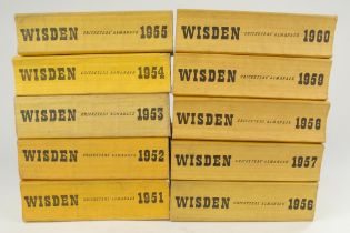 Wisden Cricketers’ Almanack 1951 to 1960. Original limp cloth covers. Minor bowing to the spines