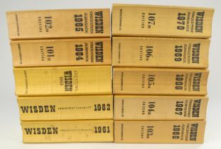 Wisden Cricketers’ Almanack 1961 to 1970. Original limp cloth covers. Minor bowing to the spines