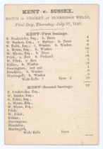 ‘Kent v. Sussex. Match of Cricket at Tunbridge Wells’ 1848. Early and original small double sided